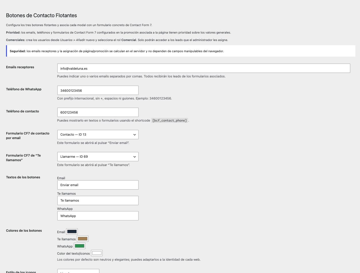 Pantalla de configuración de los botones flotantes de contacto